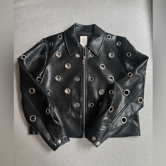 cinq a sept Jackets & Blazers - Black Leather Jacket with Grommet Detailing